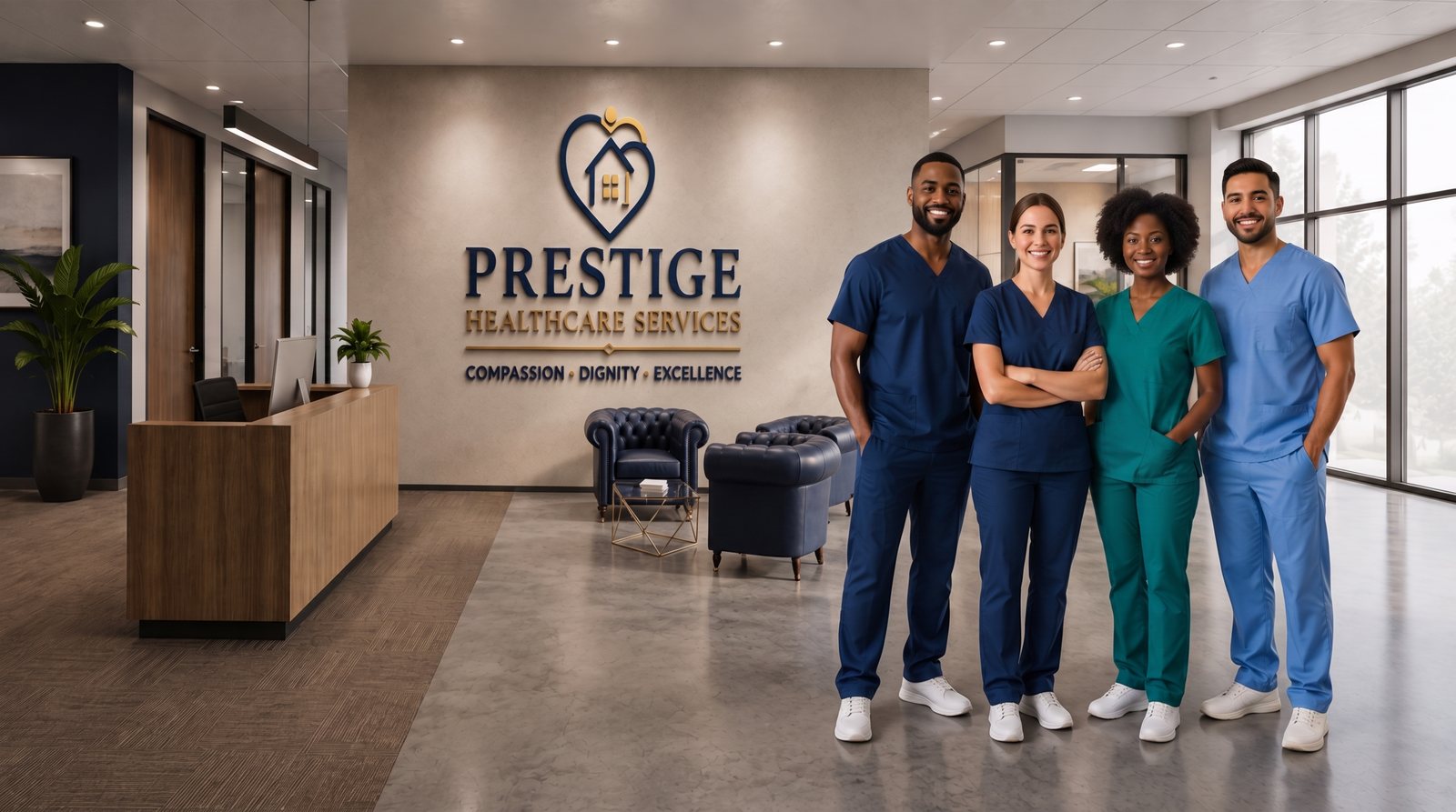 The Prestige Healthcare Services team standing in the agency lobby