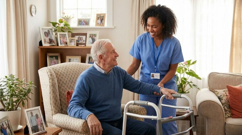 Compassionate caregiver assisting a senior client in his living room