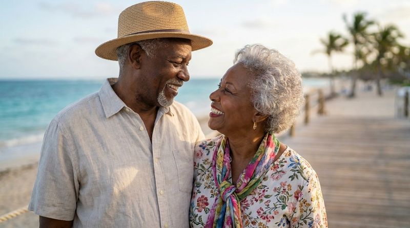 Smiling Senior Couple on Beach Boardwalk
