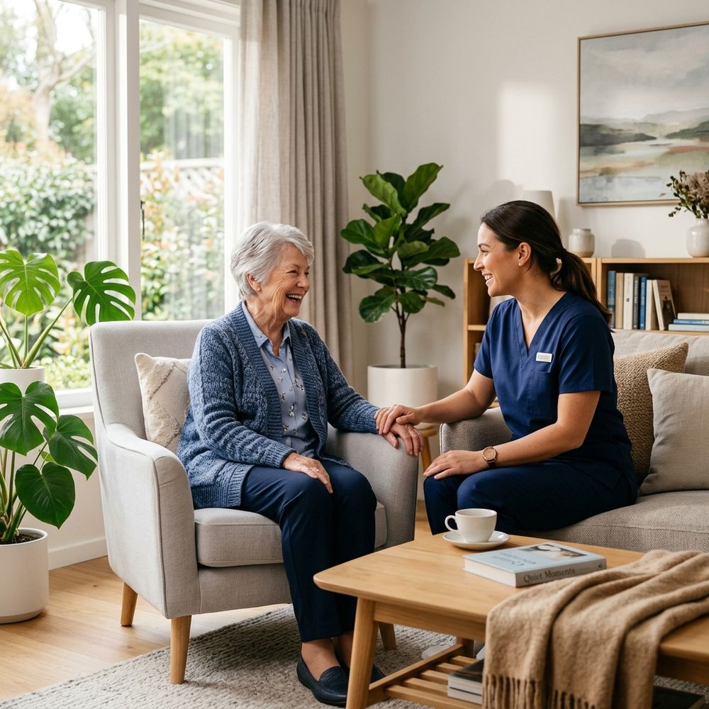 A compassionate caregiver assisting a smiling senior in a warm, bright home environment